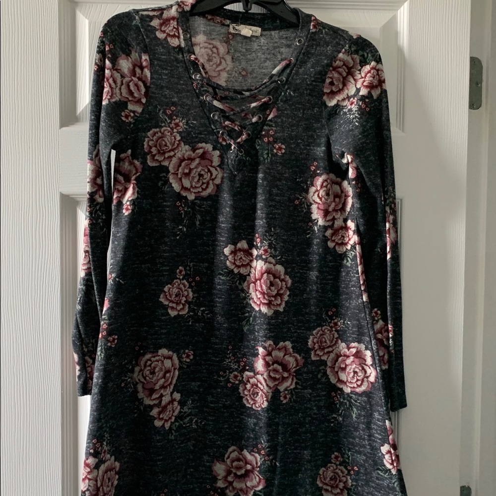 Floral sweater dress with criss cross neck